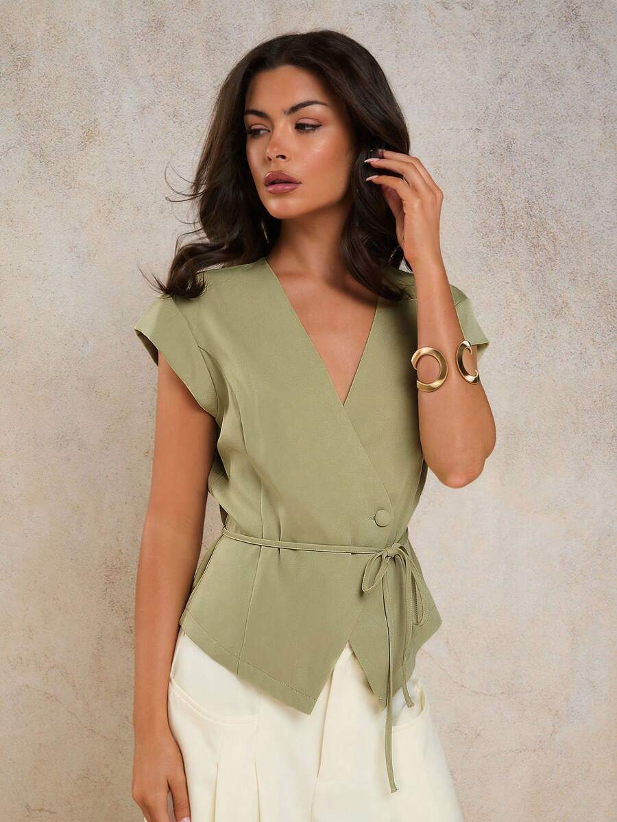 COSMINA Women's Elegant V-Neck Tie Waist Camisole, Spring/Summer - Olive Green - View 1