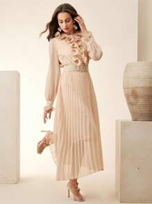 Anewsta Đầm xếp ly tay dài cổ tròn thanh lịch, eo bán trong suốt kèm thắt lưng - Màu be - Xem 2