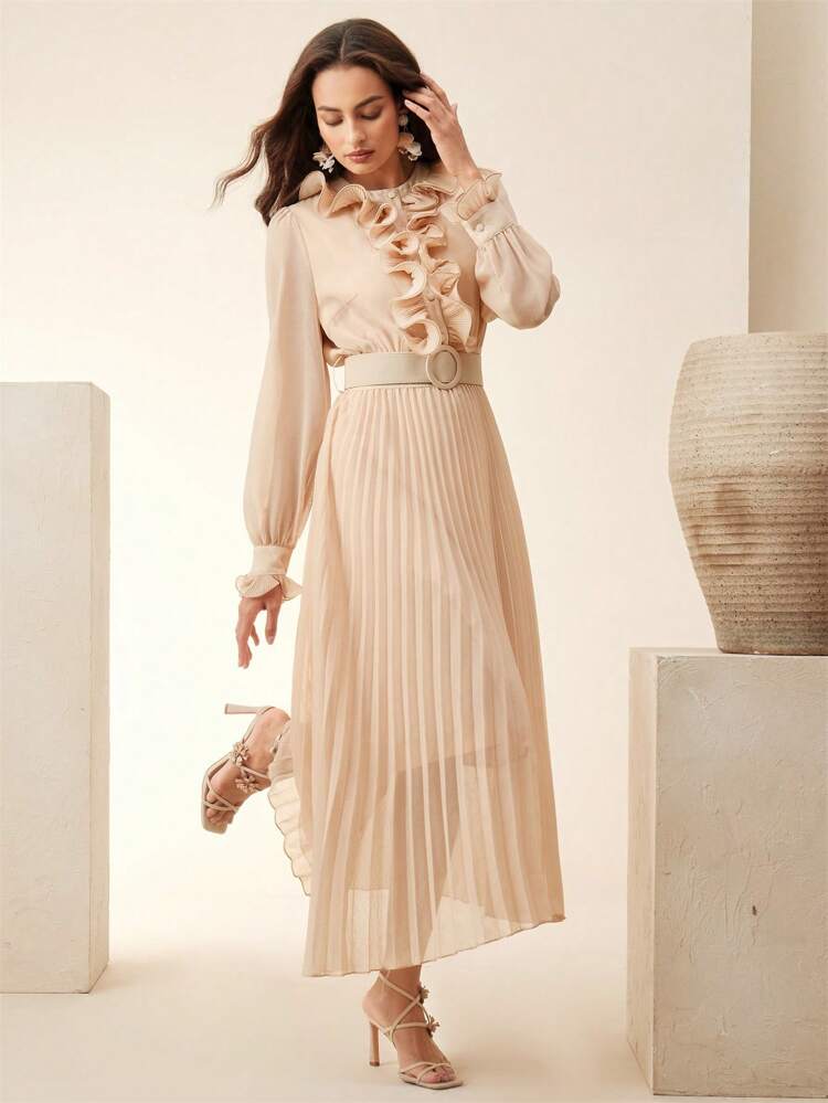 Elegant Round Neck Long Sleeve Waisted Semi-Sheer Pleated Dress With Belt