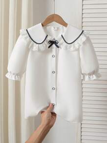 Mädchen Teenager Kollegial Lässig Bluse, mit Spitzen Peter Pan Kragen, Rüschensaum, Puffärmeln, Schleifenakzent - einzigartiges Design, akademischer Stil Kurzarmbluse