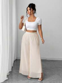 Elenzga Pantaloni eleganti con fessura, in chiffon, con bottoni, taglie forti