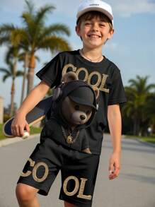 2pcs Young Boy Cool Bear Print Round Neck Short Sleeve T-Shirt & Letter Graphic Loose Shorts Black Street Set - Multicolor - View 7