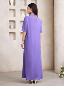 Al Najma 女士锁孔领贴花优雅阿拉伯风格连衣裙 - 紫色 - 查看 3