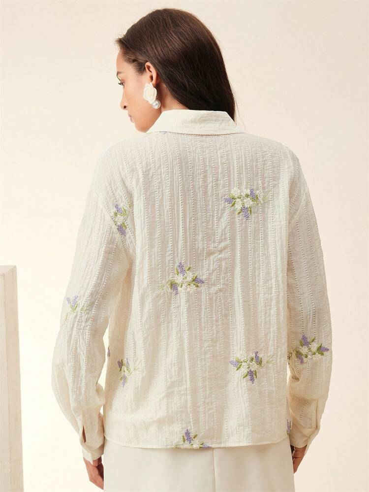 Plain Color Floral Embroidery Dropped Shoulder Women Shirt