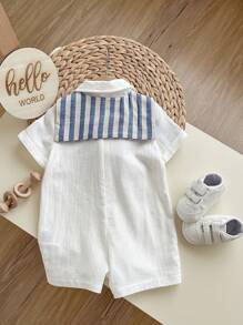 Baby Boy/Girl Casual Academy Resort Solid Color Short Sleeve Shirt, Striped Shawl Romper, Suitable For Spring/Summer Wear, Indoor And Outdoor