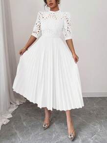 Rafferiza Elegant Luxurious Hollow Embroidered Patchwork Pleated Dress - White - View 6