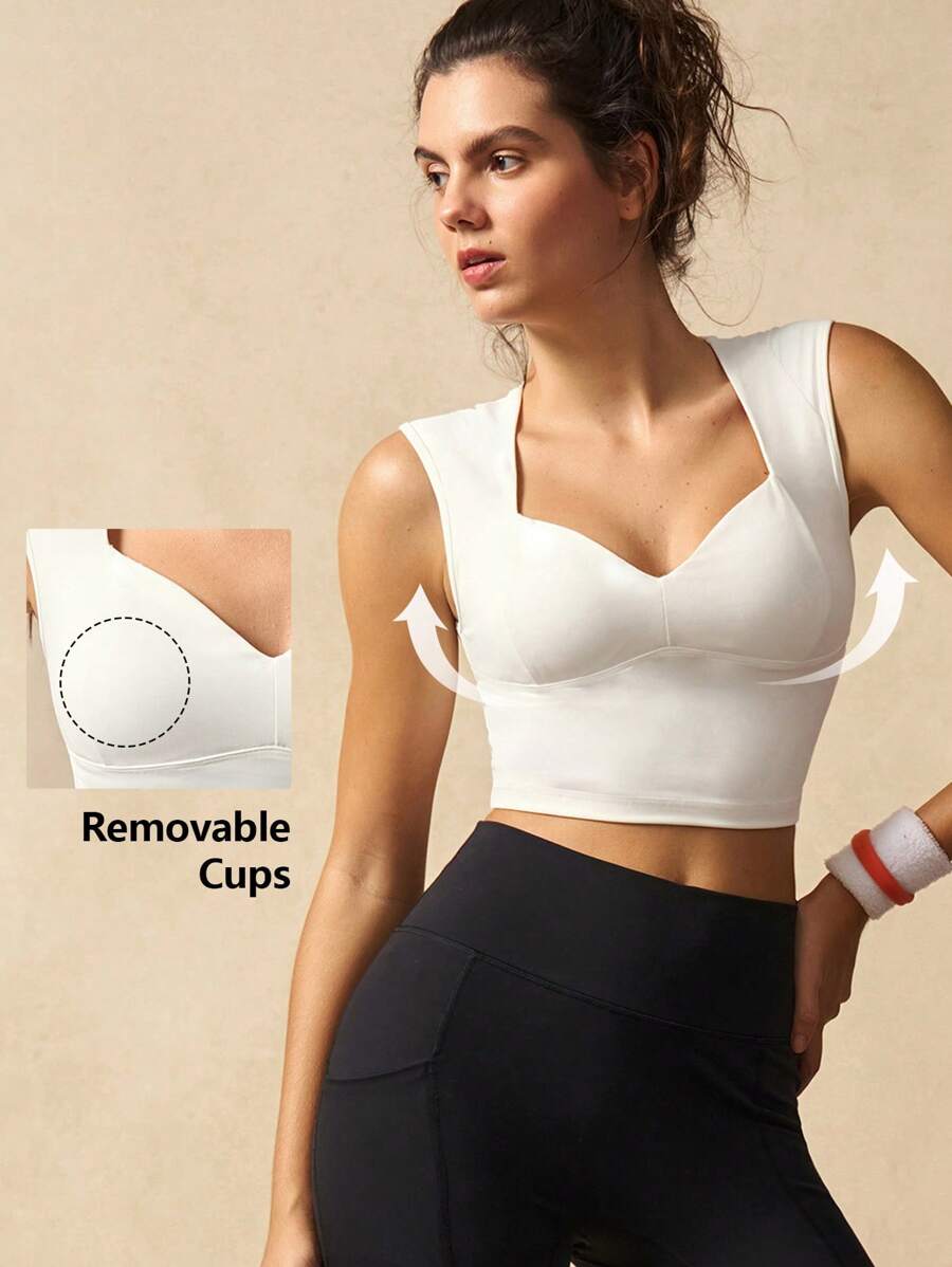VARSIVA Solid Color Sports T-Shirt & Tank Top, Fashionable For Summer Gym Top V Neck Sports Bra Removable Cups Sports Bra Compression Sports Bra Sports Bra Yoga Bra - White - View 1