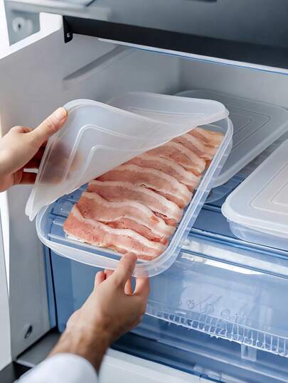 日式软盖不粘鱼肉拼盘保鲜盒冰箱培根密封收纳盒春卷冷冻储物盒透明冰箱保鲜盒海鲜肉类熏肉收纳盒适合居家收纳