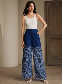 Anewsta Pantalones anchos de vacaciones con bordados y calados para mujer, primavera/verano - Azul - Ver 7