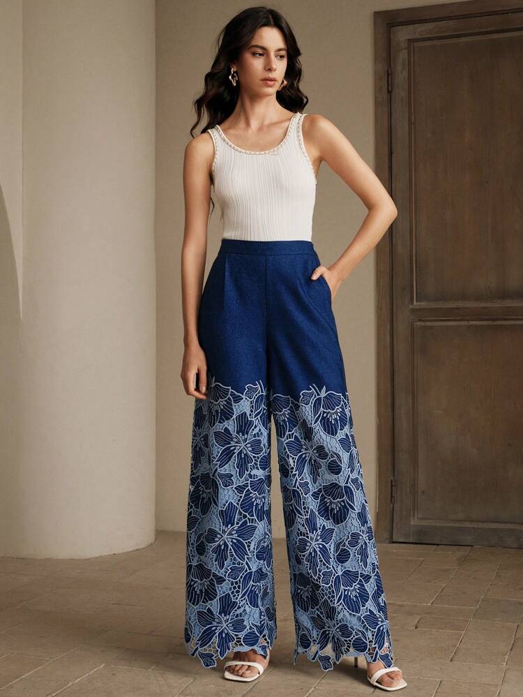 Women's New Embroidered Hollow Out Vacation Wide Leg Pants, Spring/Summer