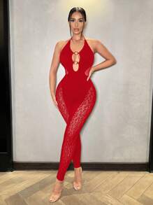 VaVaBold 1 bộ đồ liền thân hở lưng lưới họa tiết da báo màu trơn gợi cảm cho nữ nhân dịp năm mới - Đỏ - Xem 6