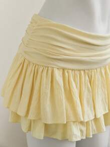 Elamini Beige European & American Style Pleated High Waist Chiffon Ruched Mini Skirt - Yellow - View 5