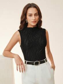 Anewsta Women's Fashion Solid Textured Fabric Sleeveless Ruffled Collar Fitted Camisole - Black - View 6