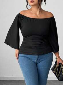 Elenzga Áo thun nữ hở vai tay loe bèo nhún màu trơn thời trang cỡ lớn - màu đen - Xem 6