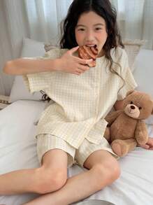 DAZY Tween Girls Plaid Pajama Set With Short Sleeve Top And Shorts - Yellow - View 8