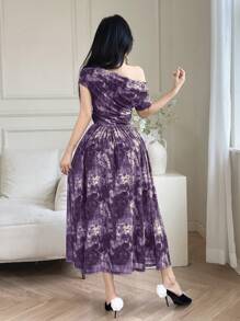 Modelyn 女士夏季时尚扎染印花不对称领口上衣和裙子两件套 - 紫色 - 查看 3
