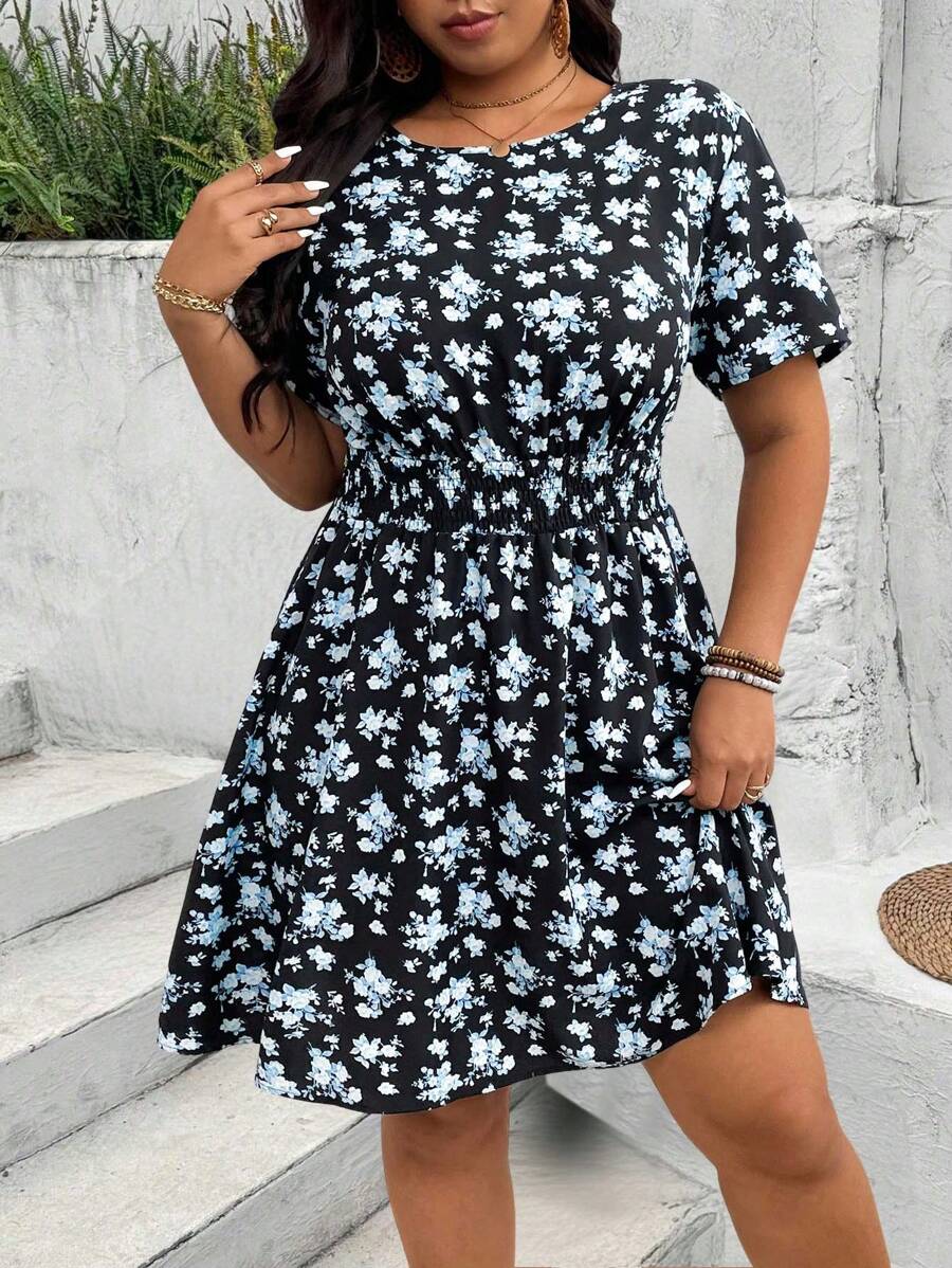 EMERY ROSE Đầm mùa hè tay ngắn cổ tròn họa tiết hoa cỡ lớn - màu đen - Xem 1