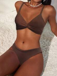 Swim Vcay Conjunto de roupa de banho ajustável com cordão e decoração de nó feminino - Castanho - Ver 4