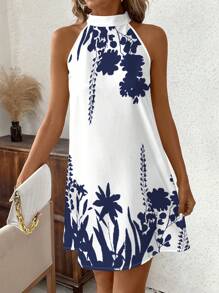 SHEIN Clasi Casual Floral Pattern Halter Neck Loose Short Dress, Comfortable For Summer,Boho Clothes Women Suitable For Going Out Chic Dress - Multicolor - View 5