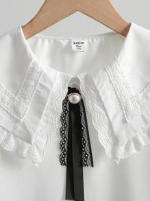 Girls' School Style White Blouse, Korean Version Peter Pan Collar Lace Trim, Detachable Bow Tie, Ruffle Cuff, Back To School Fashionable Versatile Shirt