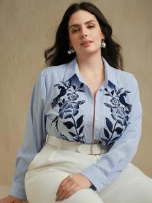 Anewsta Miland 时尚条纹刺绣休闲女式衬衫 - 藍色 - 查看 5