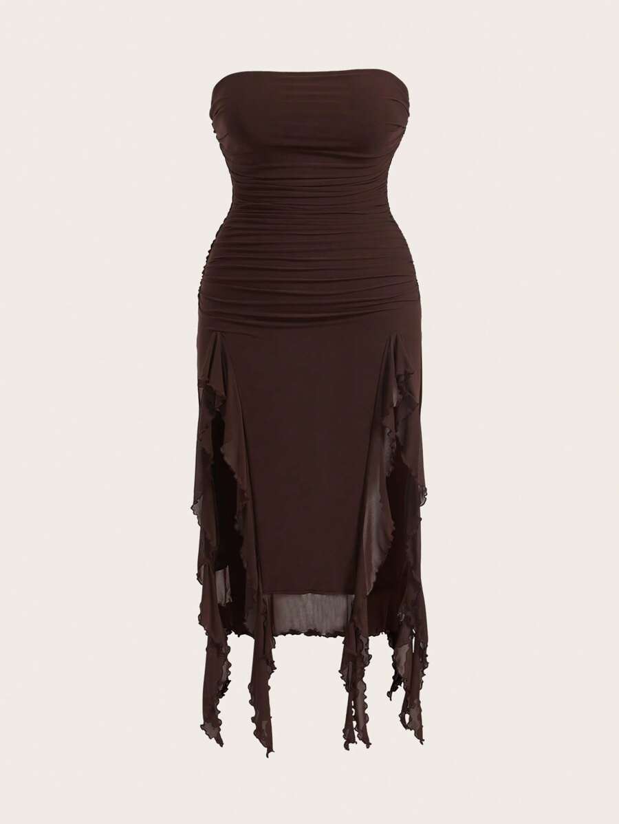 SHEIN ICON 大码女式纯色抹胸拼布荷叶边下摆双开衩下摆性感连衣裙