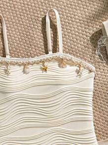 SHEIN 青少年女孩连体泳衣，采用特殊纹理面料和网眼裙，适合海滩、泳池、休闲度假、春夏季贝壳泳衣青少年连体泳衣青少年泳衣荷叶边连体泳衣波西米亚风泳衣 - 杏色 - 查看 3