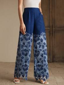 Anewsta Pantalones anchos de vacaciones con bordados y calados para mujer, primavera/verano - Azul - Ver 3