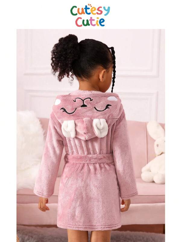SHEIN Warmer, gestrickter Bademantel mit Kapuze und beidseitigem Fleece für Mädchen im Cartoon-Stickerei-Design für den Winter, Kleinkind-Bademantel, Mädchen flauschiger Pyjama-Bademantel für Kleine Mädchen