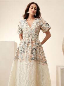 Anewsta Damen Kleid mit Blumenmuster, elegantes Kleid mit Kragen und V-Ausschnitt