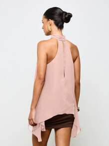 AiiRZ Blusa sin mangas con cuello de halter y caída en cascada, asimétrica, fluida, para eventos de noche, verano, ocasiones especiales, boda, invitada, con espalda de tirantes, de gasa drapeada - Rosa - Ver 2
