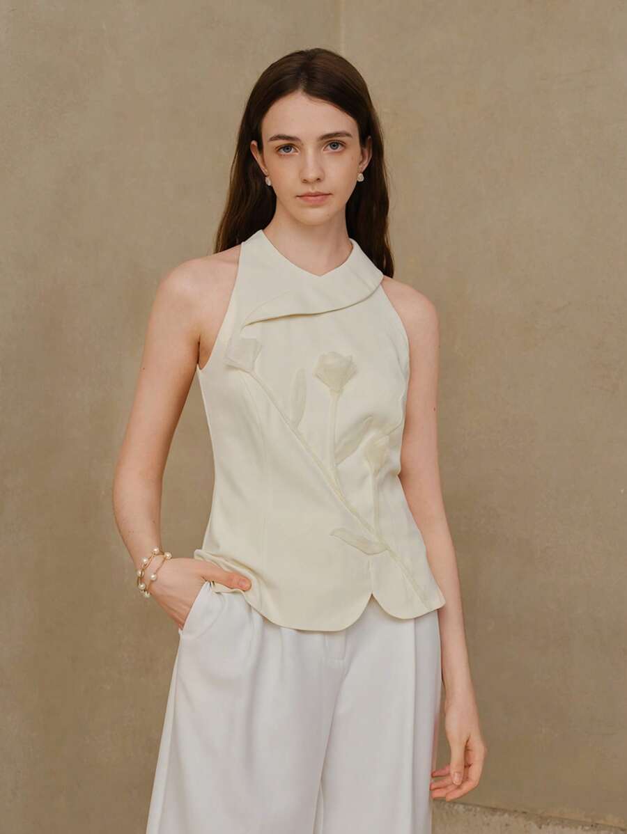 MOTF PREMIUM 花卉贴片挂脖上衣 - 杏色 - 查看 1