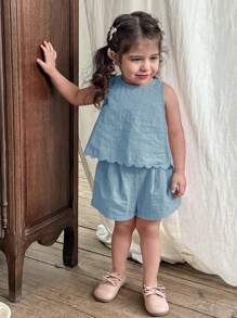 LMoss Kids 2件套女婴纯色圆领休闲上衣和短裤套装 - 藍色 - 查看 2