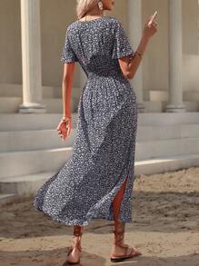 LanaWest Vacation Casual Ditsy Ditsy Floral Side Slit Dress