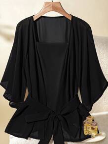GlowEve Top holgada de cuello cuadrado con malla de contraste para mujer - Negro - Ver 1