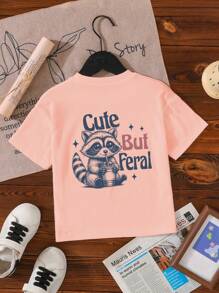 SHEIN Girls Casual Cute Raccoon Lettering Graphic Short Sleeve Round Neck T-Shirt With "CUTE BUT FERAL" Text, Summer Summer Holiday