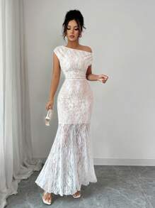 Elenzga 新款女式斜肩镂空蕾丝针织面料度假休闲日常百搭优雅修身年轻女士连衣裙，白色连衣裙 - 白色 - 查看 8