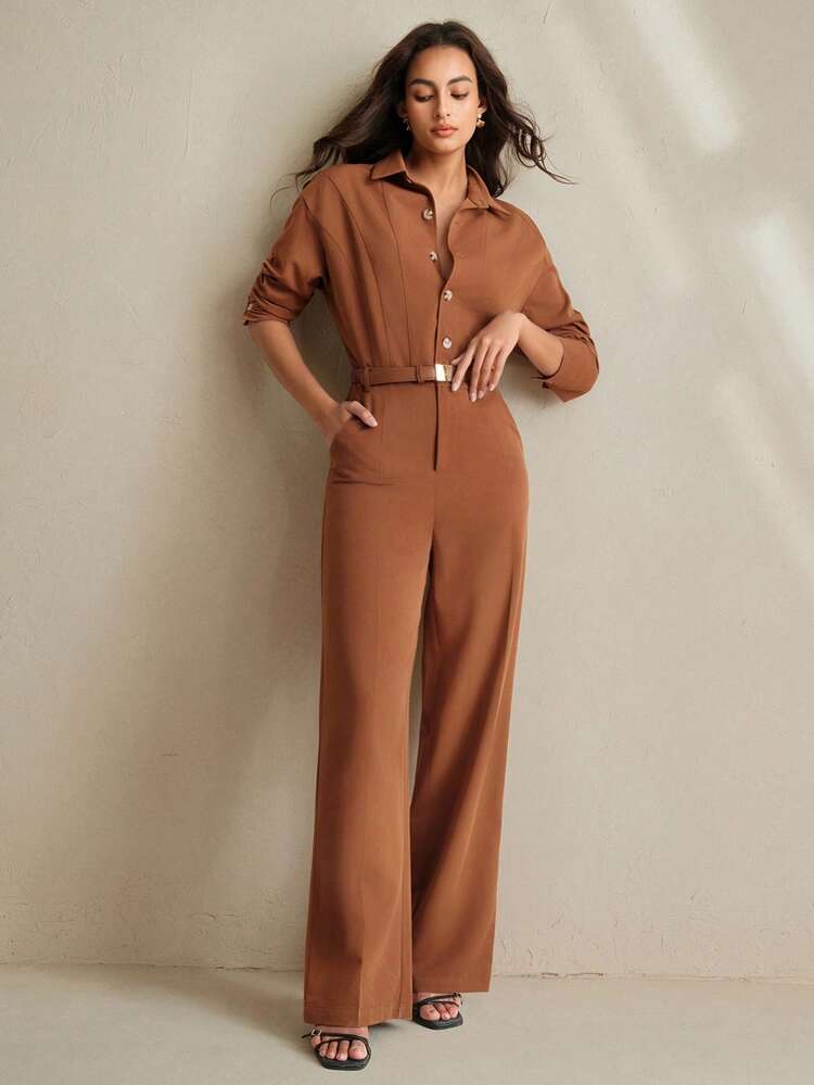 Women Casual Solid Color Drop Shoulder Loose Open Front Shirt + Wide Leg Pants Jumpsuit