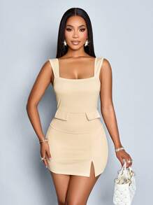 SOLERSUN Spring And Summer Women's Wear Daily Leisure Elegant Commuter Apricot Knitted Fabric Sleeveless Square Neck Open Back Decorative Pocket Cover Cropped Top Hip Fit Short Culottes With Front Slit