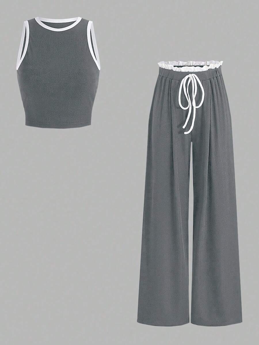 SHEIN Unity 女式夏季短款吊带背心和腰带短裤两件套,休闲 - 灰色 - 查看 1