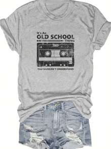 SHEIN LUNE Áo thun cổ tròn tay ngắn in họa tiết băng cassette nhạc lễ hội cỡ lớn cho nữ - màu xanh lá - Xem 1