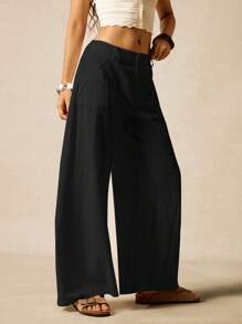 Easelle Women's Black Woven Pocket Fashion Wide Leg Barrel Leg Pants - Black - View 3