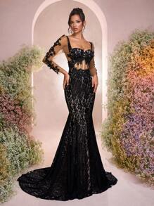 Glamrae Váy bodycon đuôi cá thêu hoa ren thanh lịch với tay dài buông xõa, váy hở lưng gợi cảm thích hợp cho đám cưới, tiệc tùng, tuần trăng mật - màu đen - Xem 5