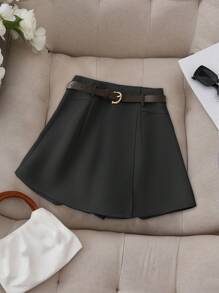 Franclia Petite Shorts Confortáveis e Casuais de Verão para Mulheres, Estilo Chique Francês Versátil em Cor Sólida com Bolso Falso e Cinto - Preto - Visão 4
