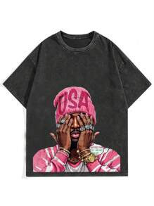 PAVTROS 男士休闲街头嘻哈图案印花落肩宽松水洗 T 恤，夏季 - 黑色 - 查看 4