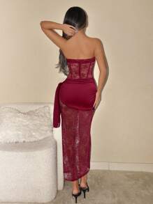 SHEIN ICON 性感抹胸侧垂半透视超长连衣裙 - 酒紅色 - 查看 2