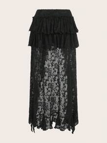 SHEIN ICON Ultra Low-Cut Lace Tiered Front Short Back Long Skirt - Black - View 2