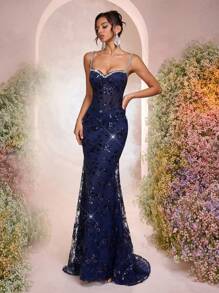 Glamrae Elegant Diamond Chain Spaghetti Strap Bustier See-Through Mesh Hollow-Out Cup Fish Tail Trimmed Backless Adjustable Tie Long Evening Gown