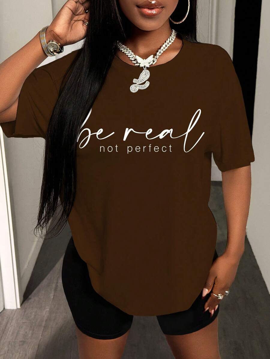 BamGleam Women's Loose Fit Oversized Basic Letter Print Drop Shoulder T-Shirt Be Real Not Perfect Graphic Tees Women Tops - Brown - View 1
