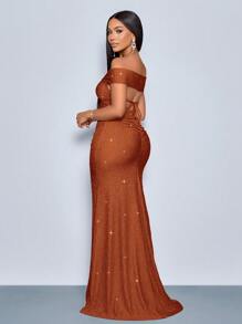 SOLERSUN Suitable For Christmas Party Vacation & Dating Elegant Burgundy Elegant Twisted Off Shoulder Backless Strap High Slit Mermaid Dress With Metallic Sheen Maxi Women Outfit - Rust Brown - View 3